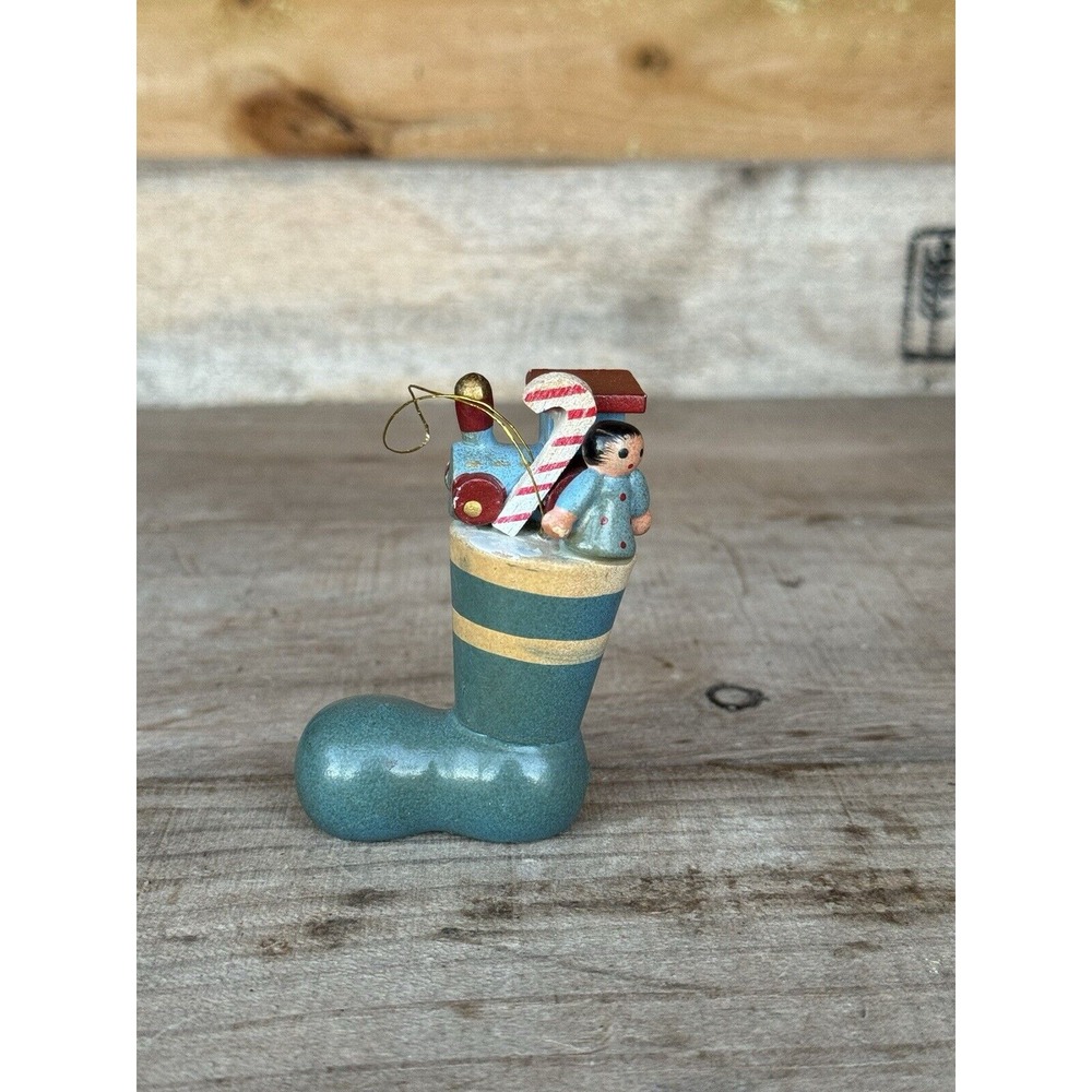 Vintage Wood Stocking Filled With Toys Christmas Ornament Made In Taiwan